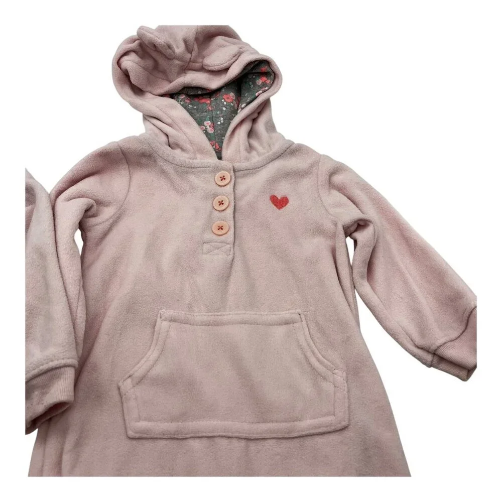 Lot Of 2 Carter’s Baby Hooded Fleece One‎ Piece 6-9M Heart Pink Floral Pocket